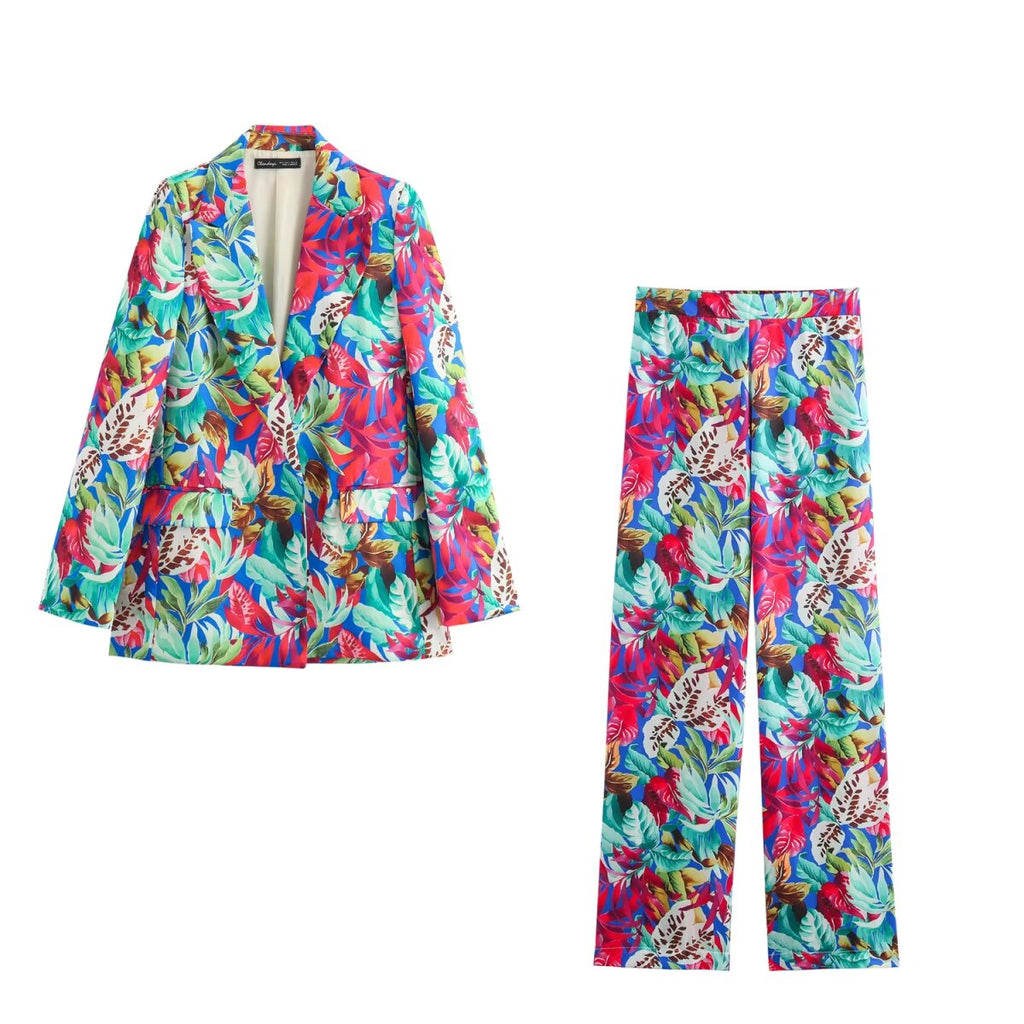 Autumn Satin Printed Coat Pants Set