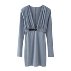 Deep V-Neck Belted Long-Sleeve A-Line Mini Dress