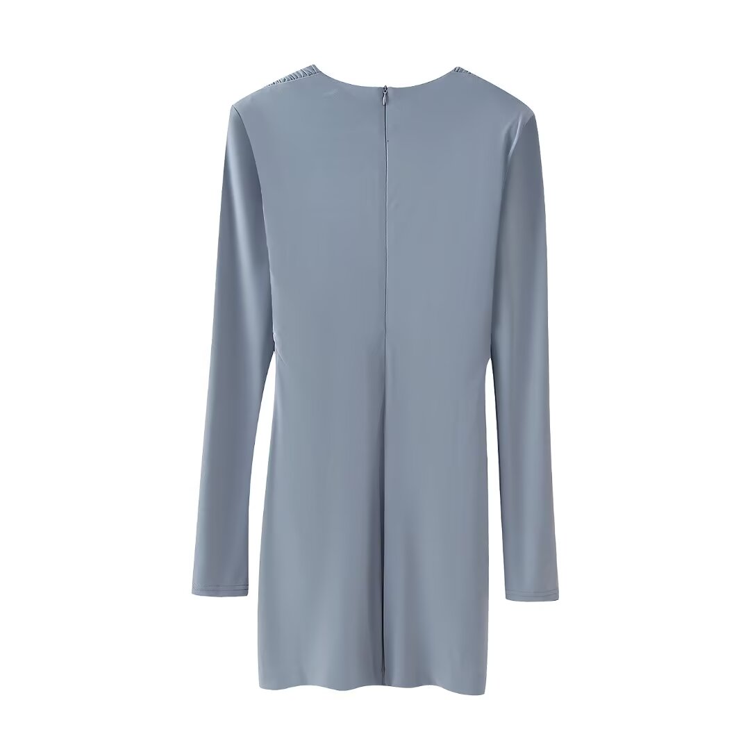 Deep V-Neck Belted Long-Sleeve A-Line Mini Dress