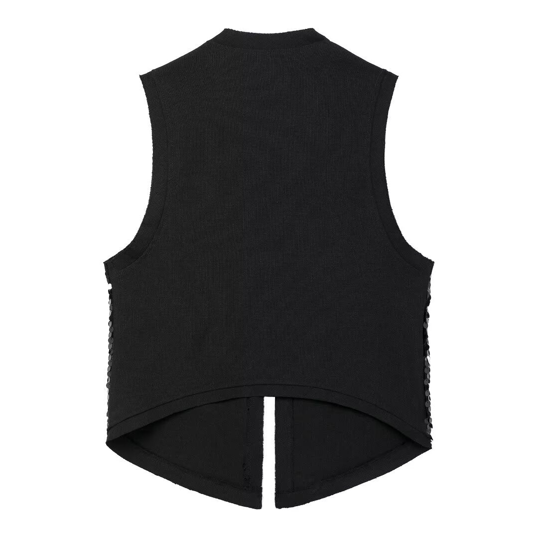 Women's Asymmetric Hem Beads Decoration Vest Dress