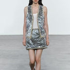Women's Asymmetric Hem Beads Decoration Vest Dress
