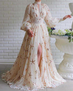Women's A Large Number Of Half Turtleneck Sequined Slit Lantern Sleeve Formal Swing Dress Dress