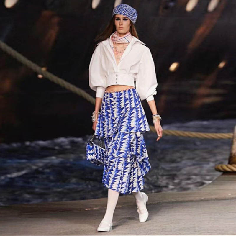 Women's Cotton Pleated Printed Top and Skirt Two-Piece Set
