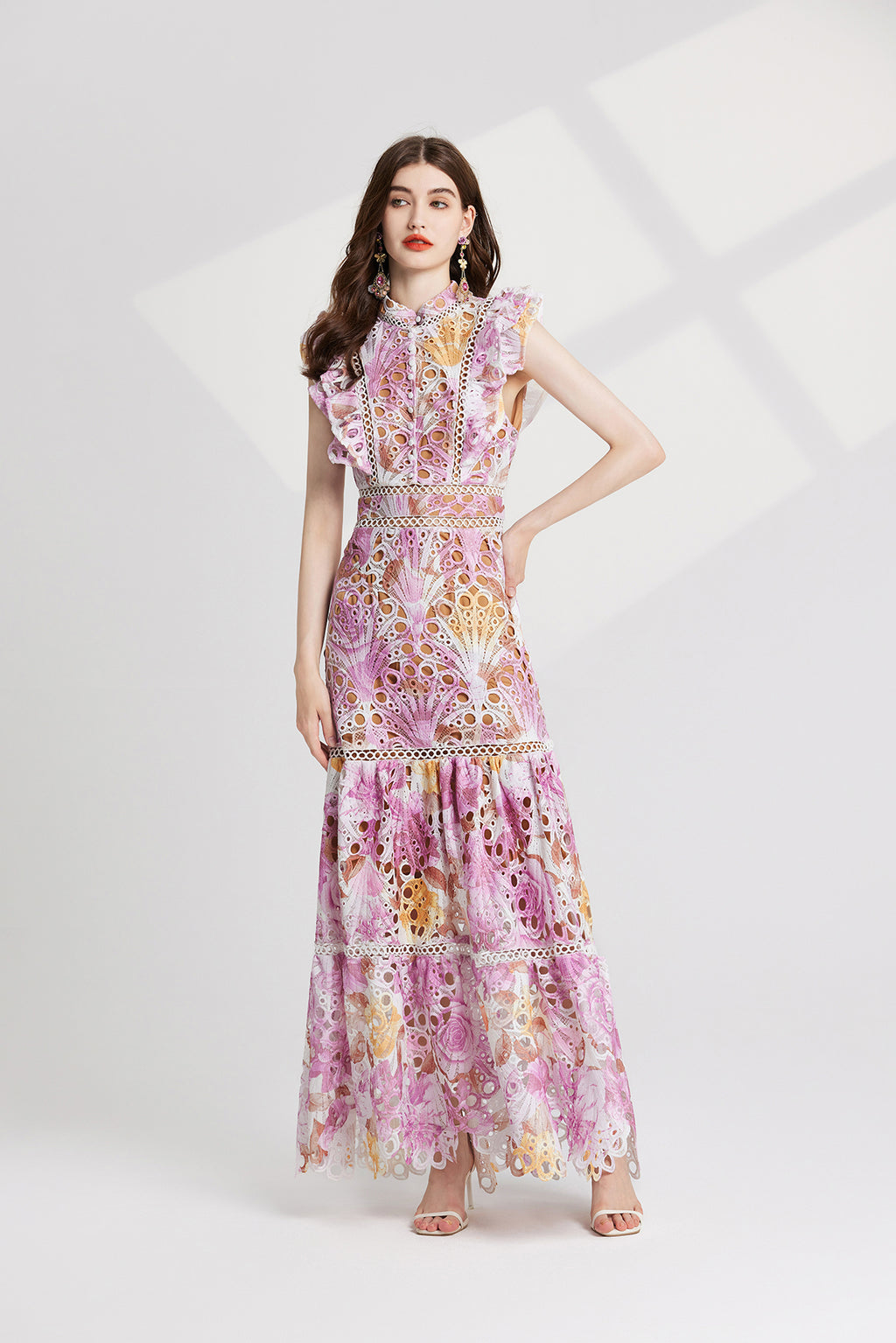 Women's Lace High-Waist Flutter-Sleeve Dress