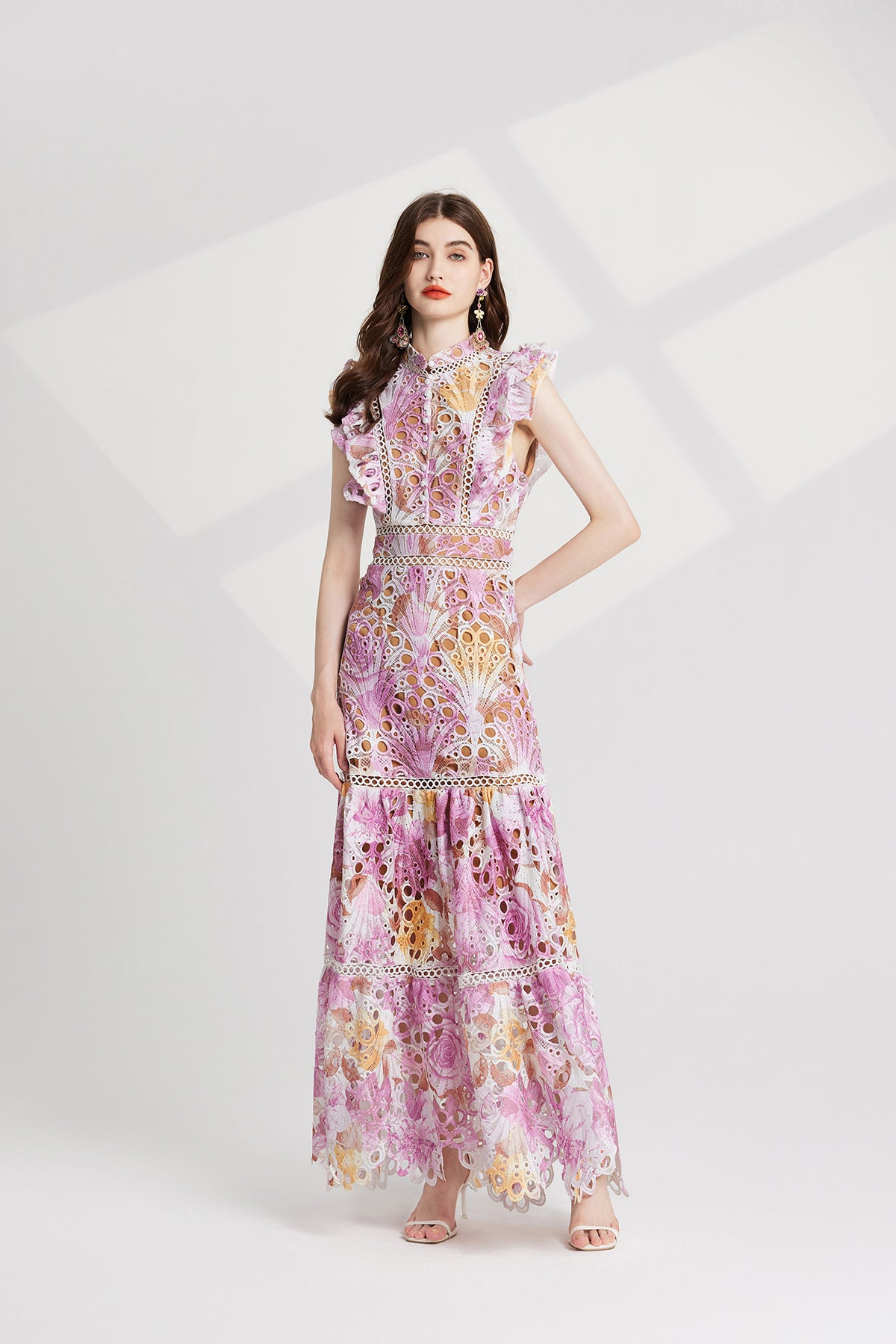 Women's Lace High-Waist Flutter-Sleeve Dress