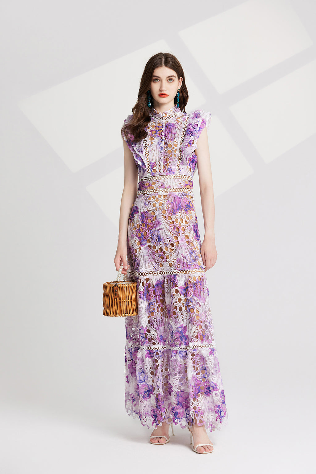 Women's Lace High-Waist Flutter-Sleeve Dress