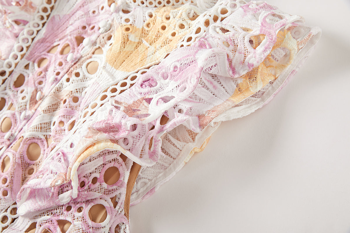 Women's Lace High-Waist Flutter-Sleeve Dress