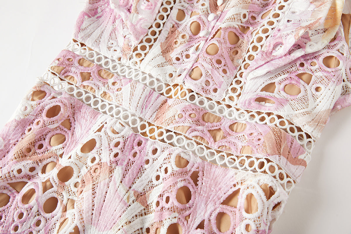 Women's Lace High-Waist Flutter-Sleeve Dress
