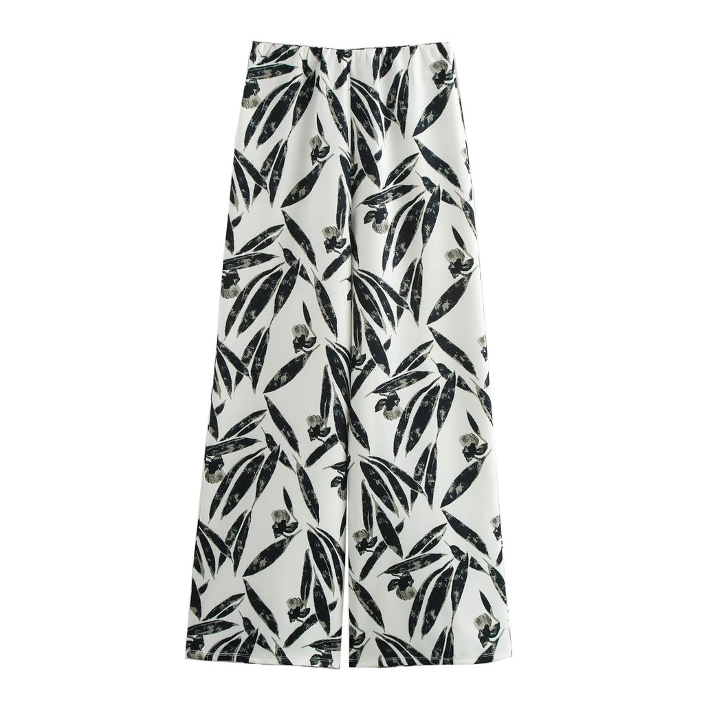 Autumn Printed Hanging Collar Top Wide Leg Pants Set