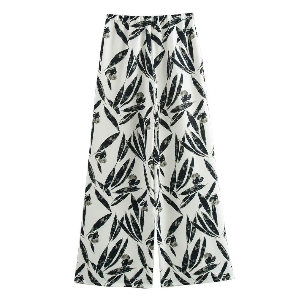 Autumn Printed Hanging Collar Top Wide Leg Pants Set