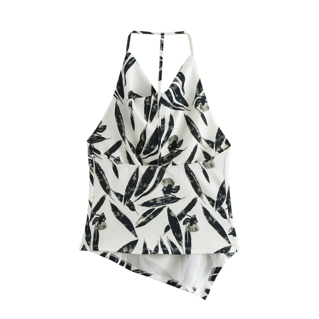 Autumn Printed Hanging Collar Top Wide Leg Pants Set
