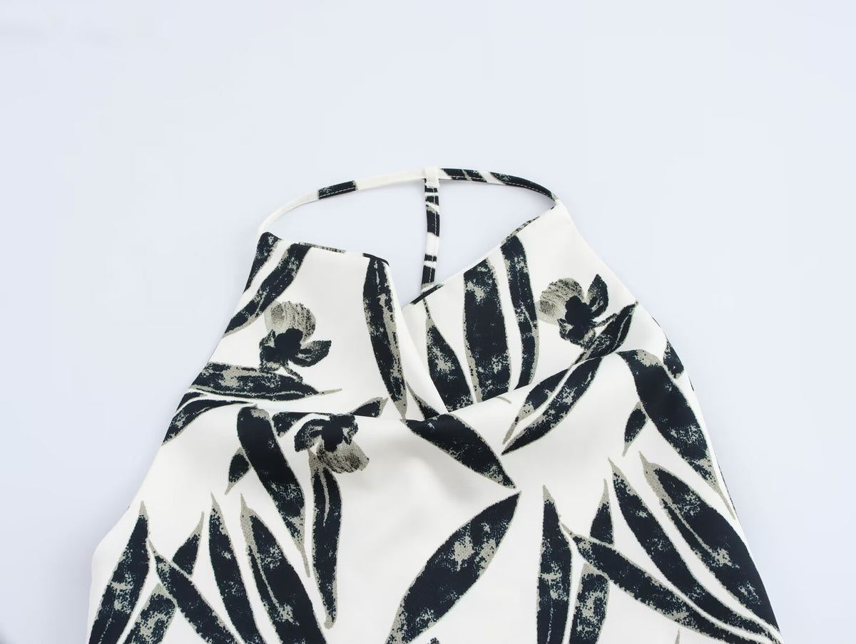 Autumn Printed Hanging Collar Top Wide Leg Pants Set