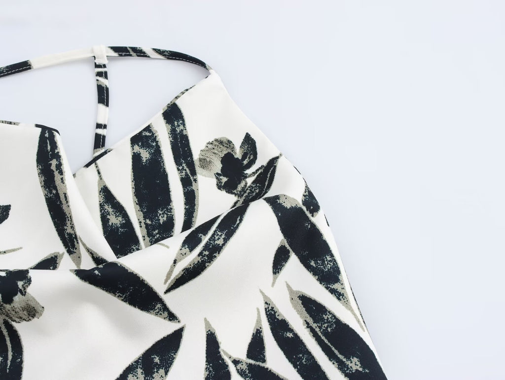 Autumn Printed Hanging Collar Top Wide Leg Pants Set
