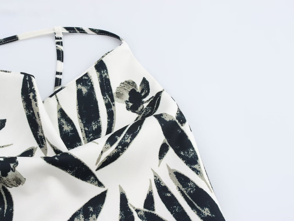 Autumn Printed Hanging Collar Top Wide Leg Pants Set