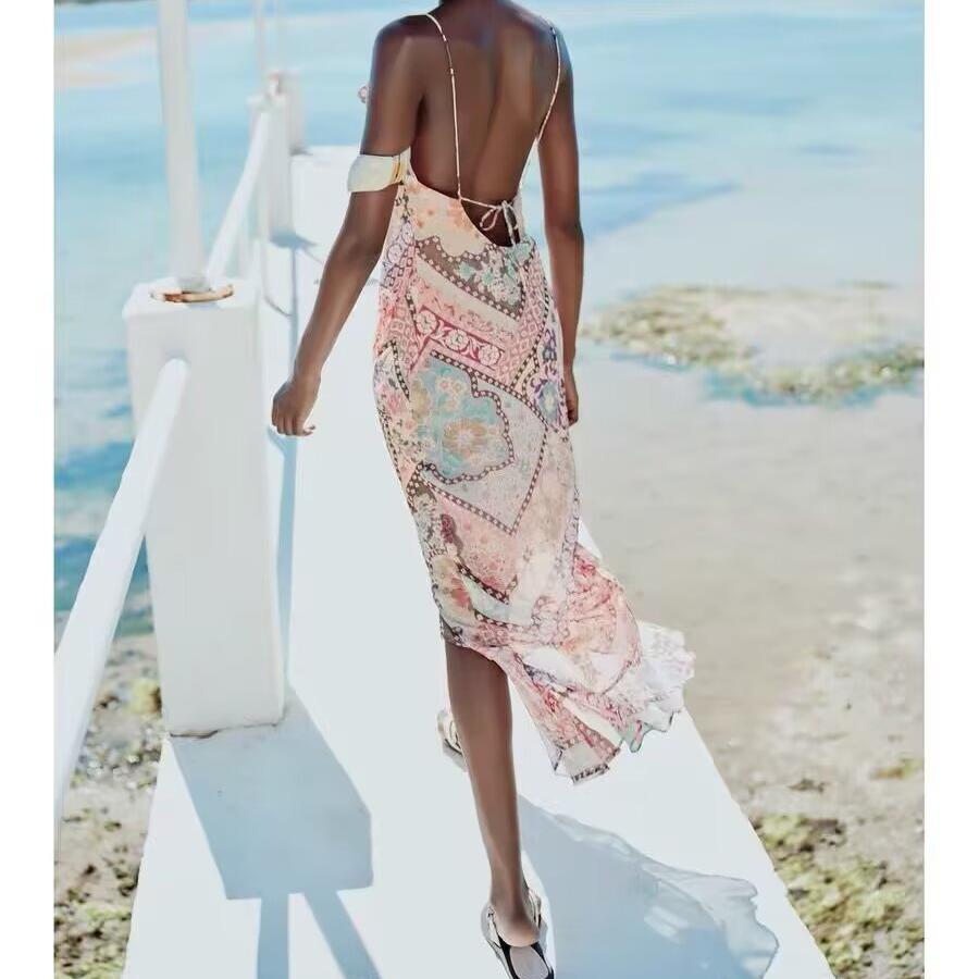Backless Print Color Contrast Loose Slip Dress