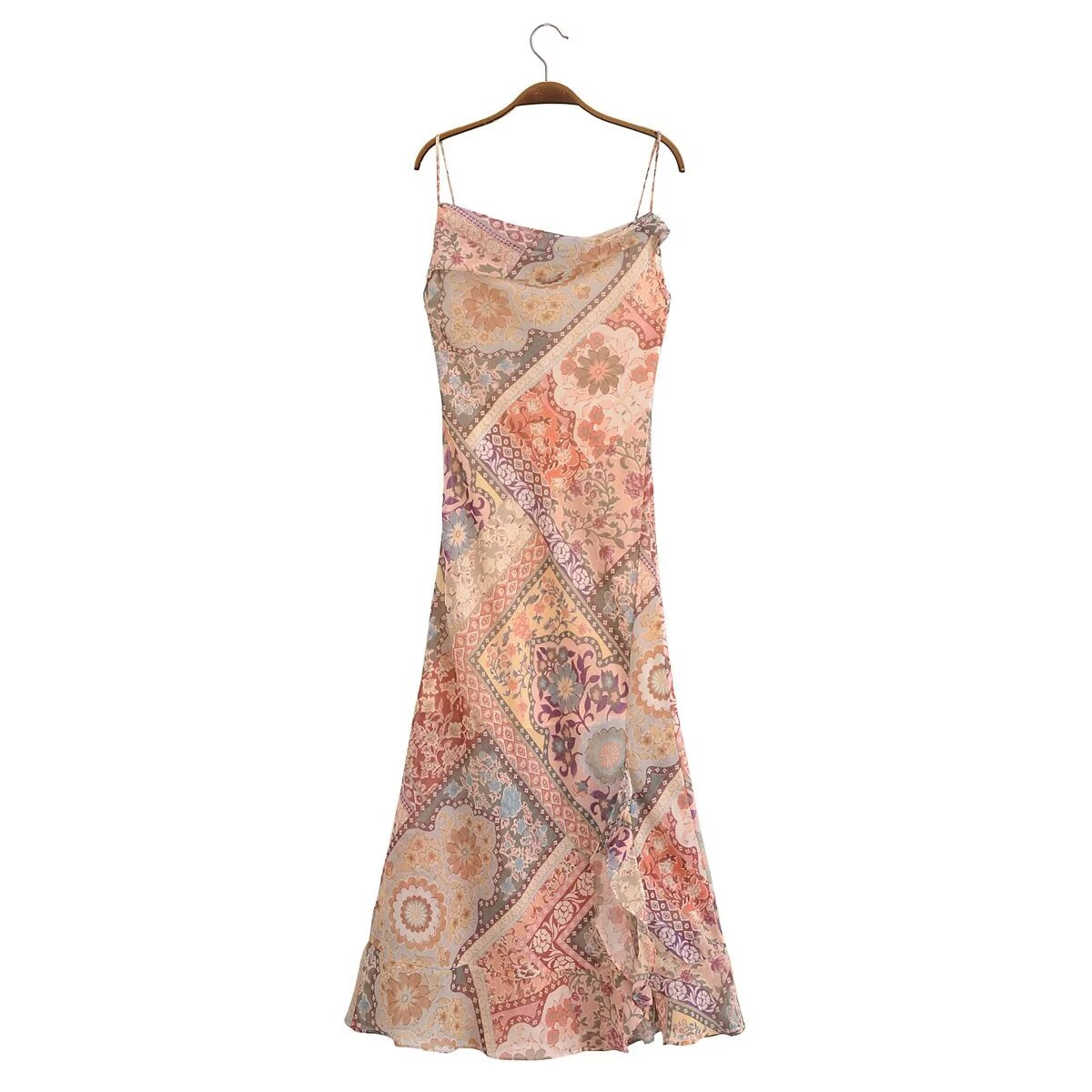 Backless Print Color Contrast Loose Slip Dress