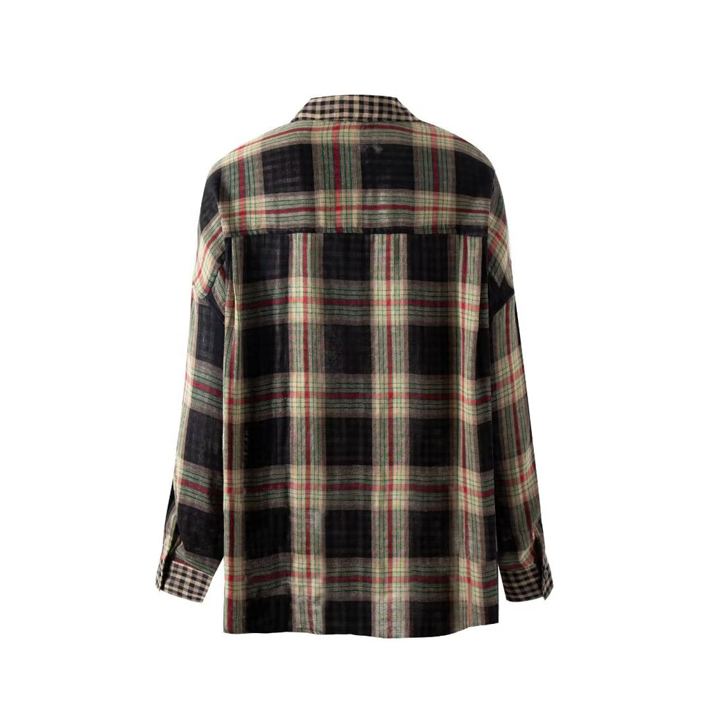 Women’s Retro Patchwork Plaid Long Shirt