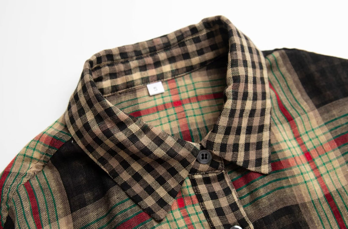 Women’s Retro Patchwork Plaid Long Shirt