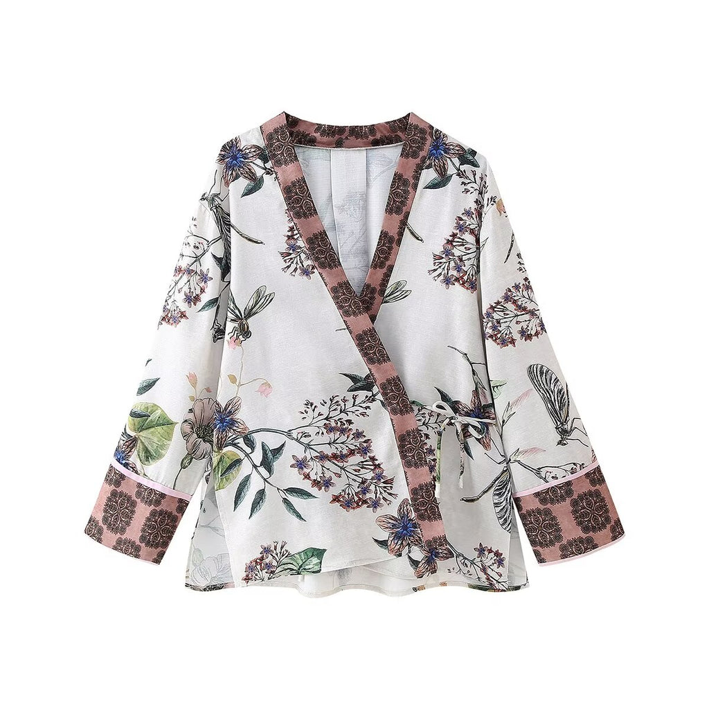 Fall V-Neck Printed Kimono Asymmetric Shirt Straight Pant Set