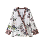 Fall V-Neck Printed Kimono Asymmetric Shirt Straight Pant Set