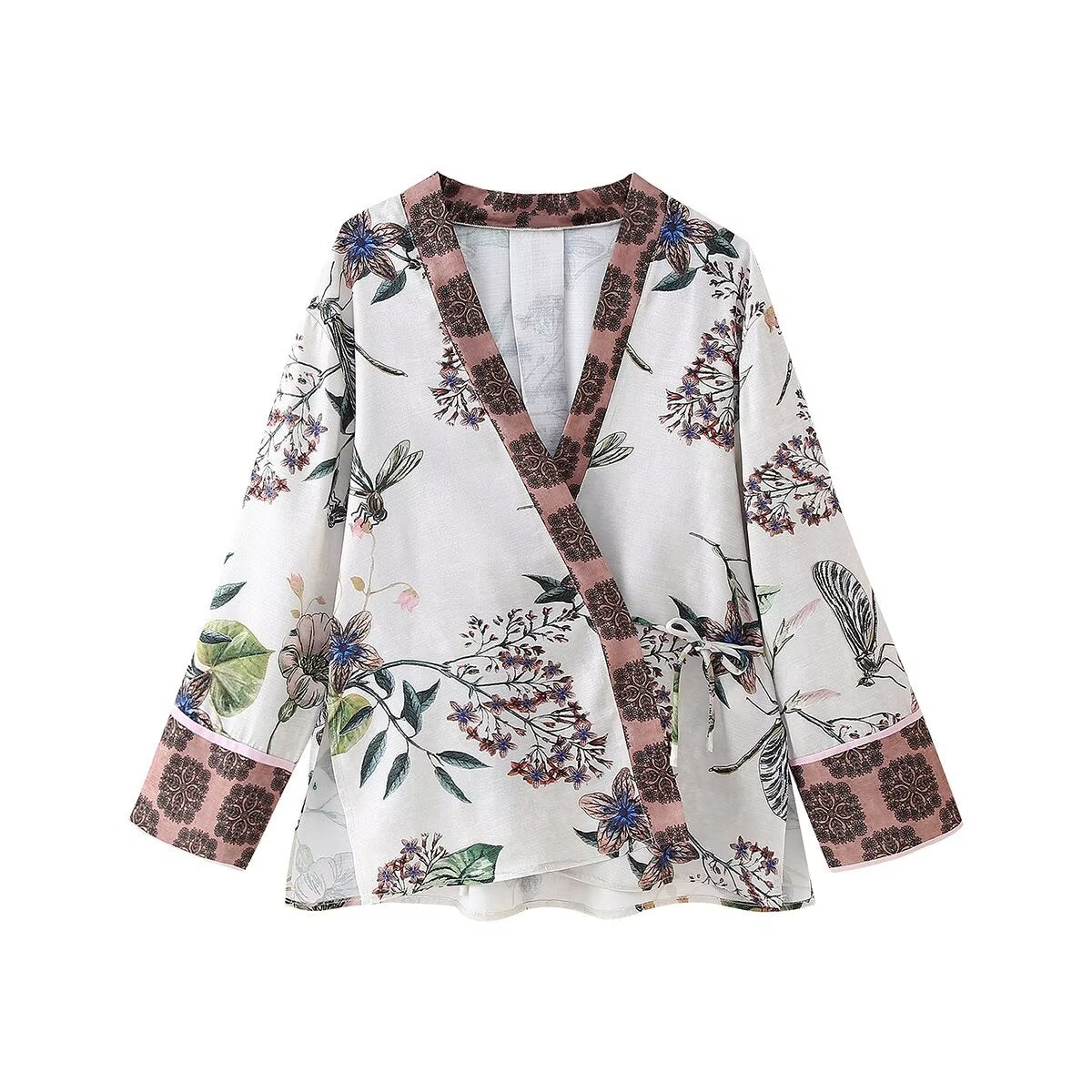 Fall V-Neck Printed Kimono Asymmetric Shirt Straight Pant Set