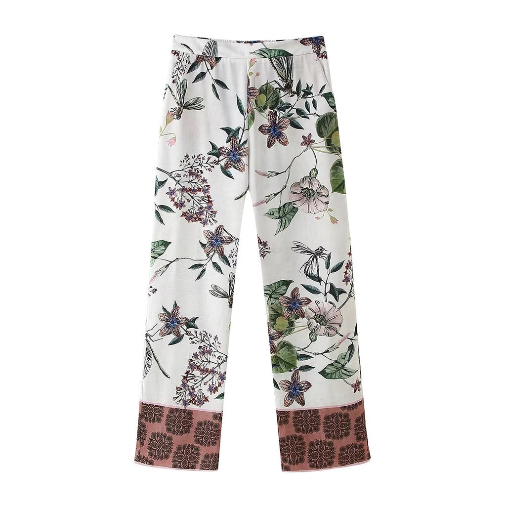 Fall V-Neck Printed Kimono Asymmetric Shirt Straight Pant Set
