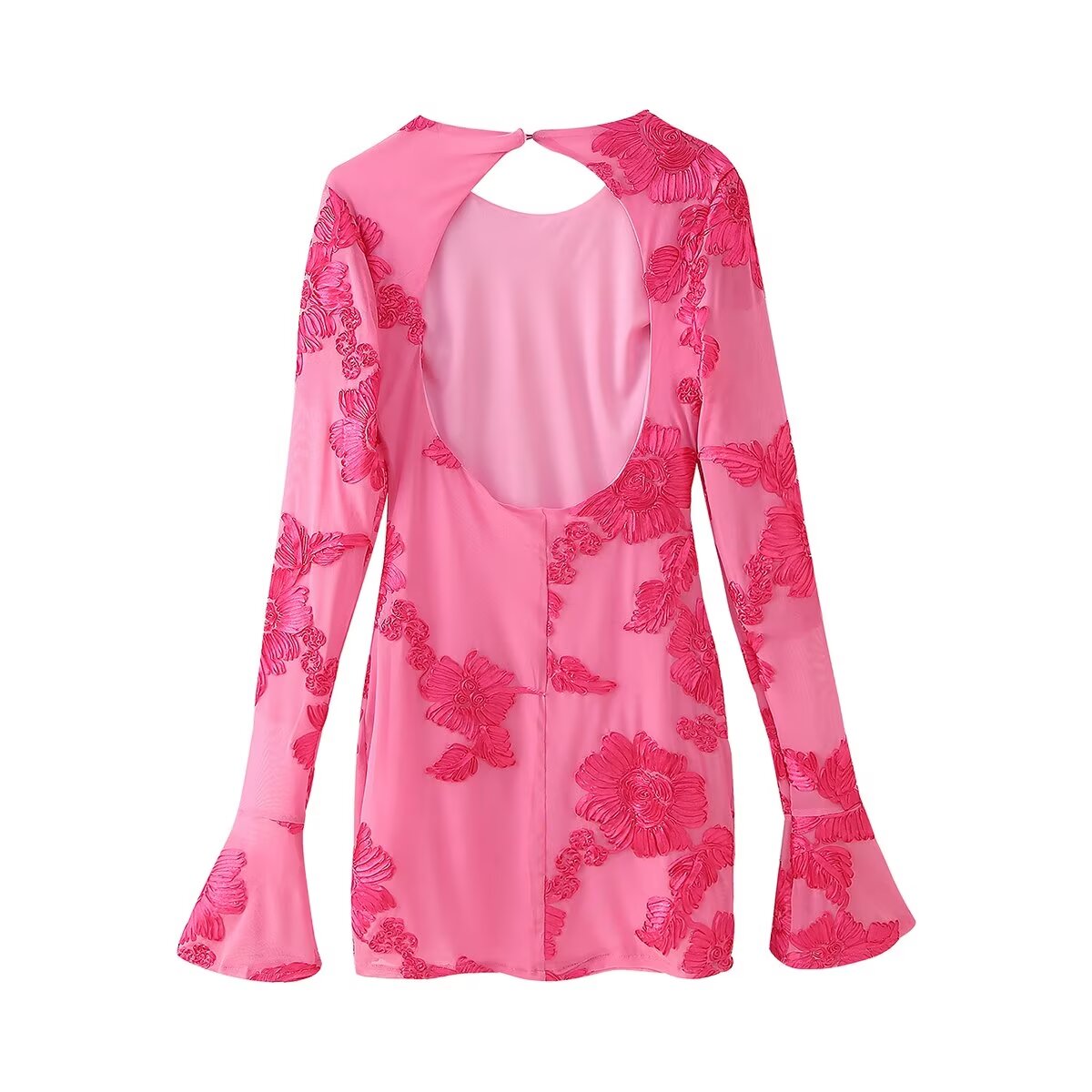 3D Floral Cutout Long-Sleeve Dress