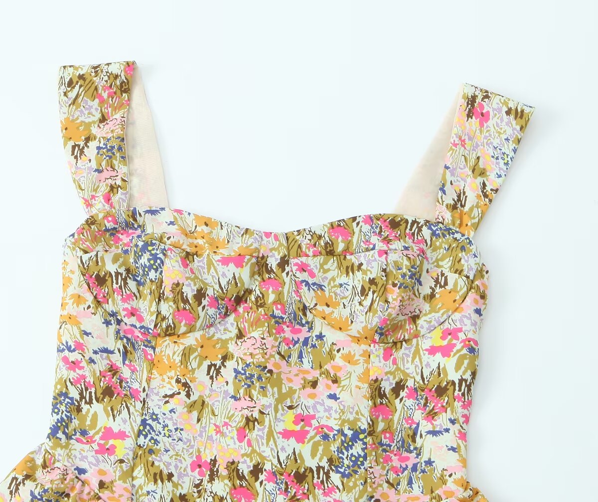 Small Floral-Print Heart Shaped Collar Tight Waist Suspenders Dress