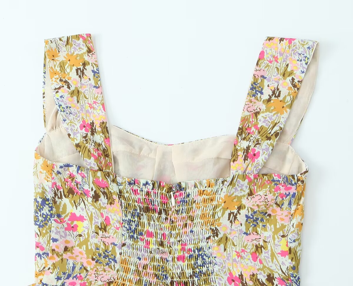 Small Floral-Print Heart Shaped Collar Tight Waist Suspenders Dress