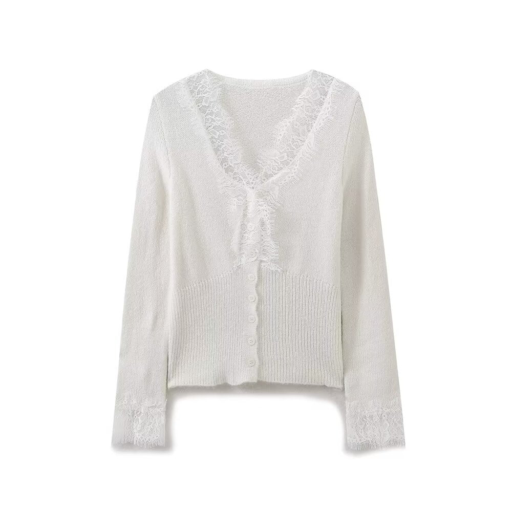 Women's Autumn Lace Stitching Two Color Decorated Row Button Cardigan