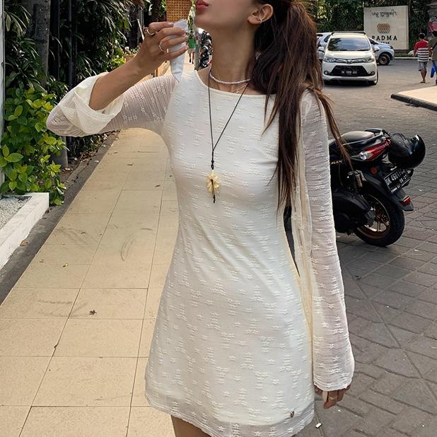Mesh Long-Sleeve Slim Black Dress Autumn Hip
