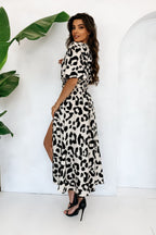 Summer Leopard Print Printed V-Neck Long-Sleeve Belt Dress