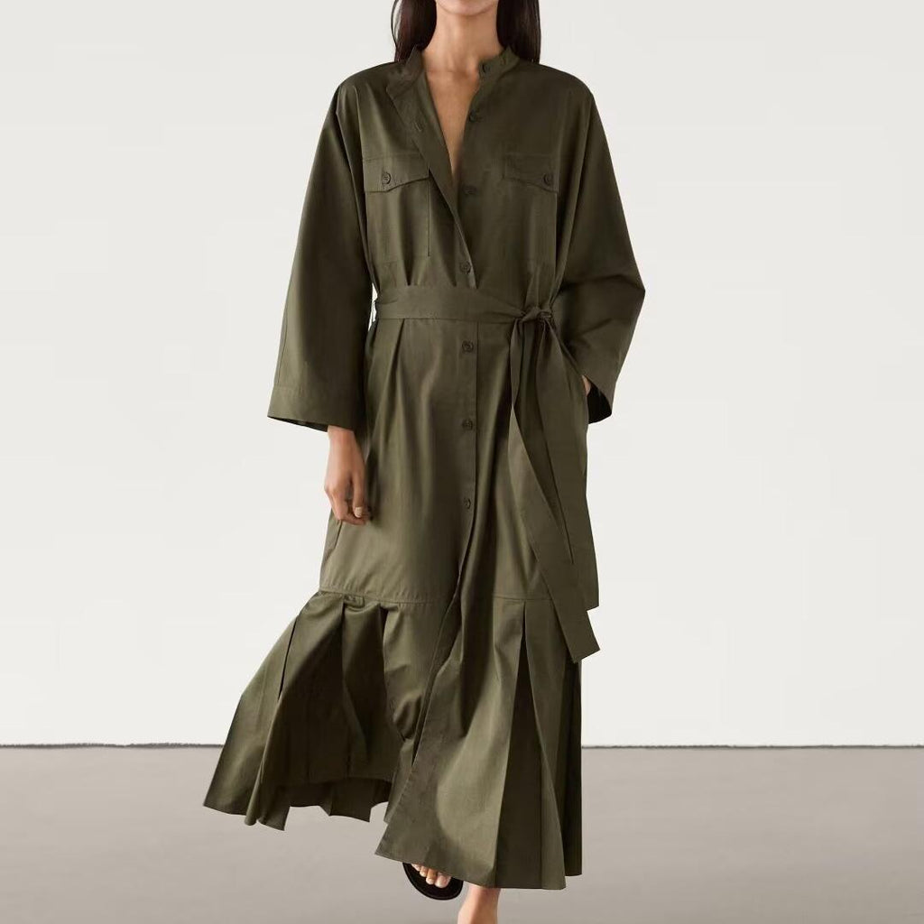 Women's Belted Pleated Long-Sleeve Shirt Maxi Dress