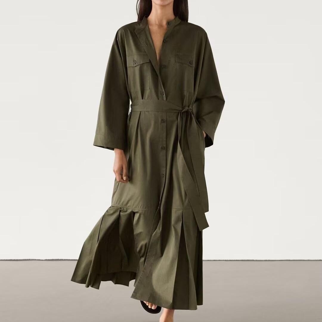 Women's Belted Pleated Long-Sleeve Shirt Maxi Dress