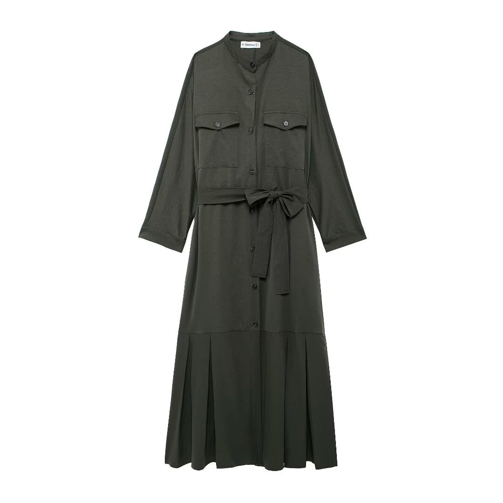 Women's Belted Pleated Long-Sleeve Shirt Maxi Dress