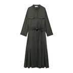 Women's Belted Pleated Long-Sleeve Shirt Maxi Dress