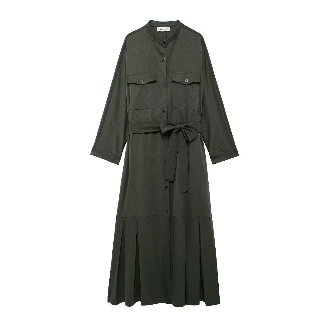 Women's Belted Pleated Long-Sleeve Shirt Maxi Dress