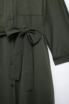 Women's Belted Pleated Long-Sleeve Shirt Maxi Dress