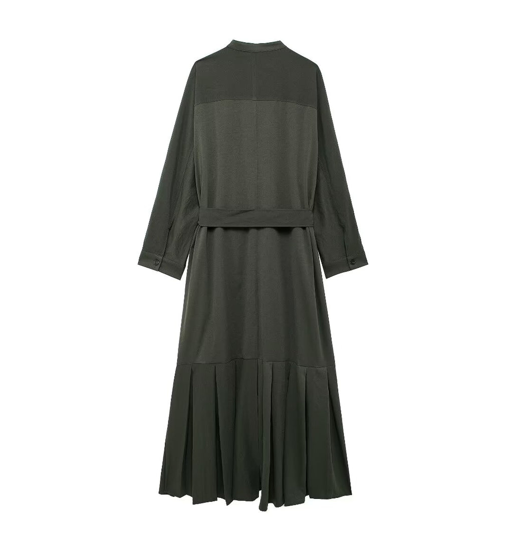 Women's Belted Pleated Long-Sleeve Shirt Maxi Dress