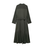 Women's Belted Pleated Long-Sleeve Shirt Maxi Dress