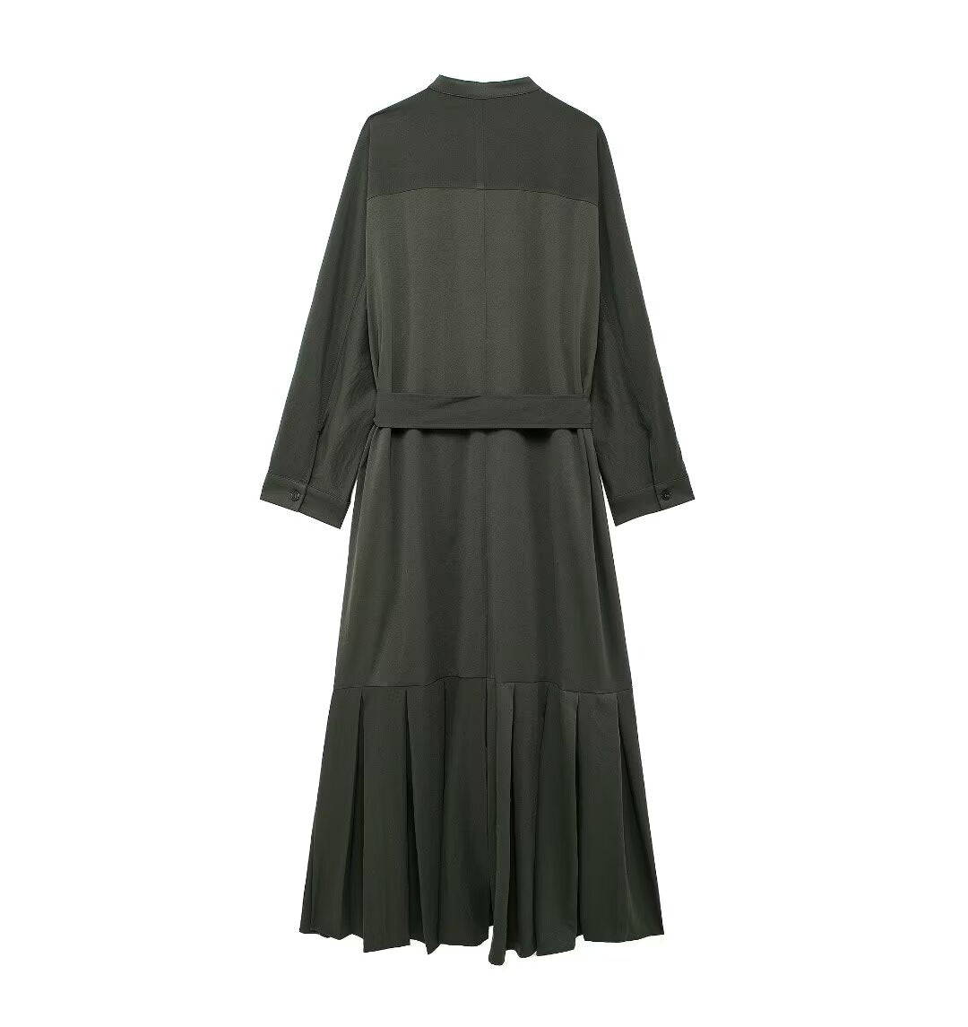 Women's Belted Pleated Long-Sleeve Shirt Maxi Dress