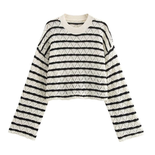 Women Two Piece Striped Hollow Out Cutout out Sweater Knitted Hollow Out Cutout Pants Sets