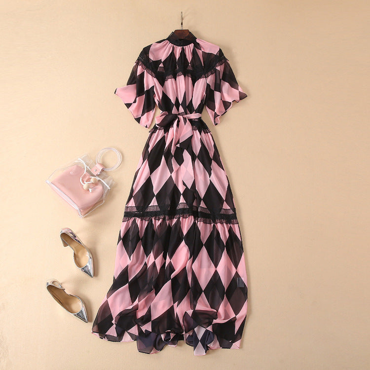 Spring Summer Pink Printed Lace Patchwork Lace Up Small Dress