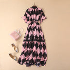 Spring Summer Pink Printed Lace Patchwork Lace Up Small Dress