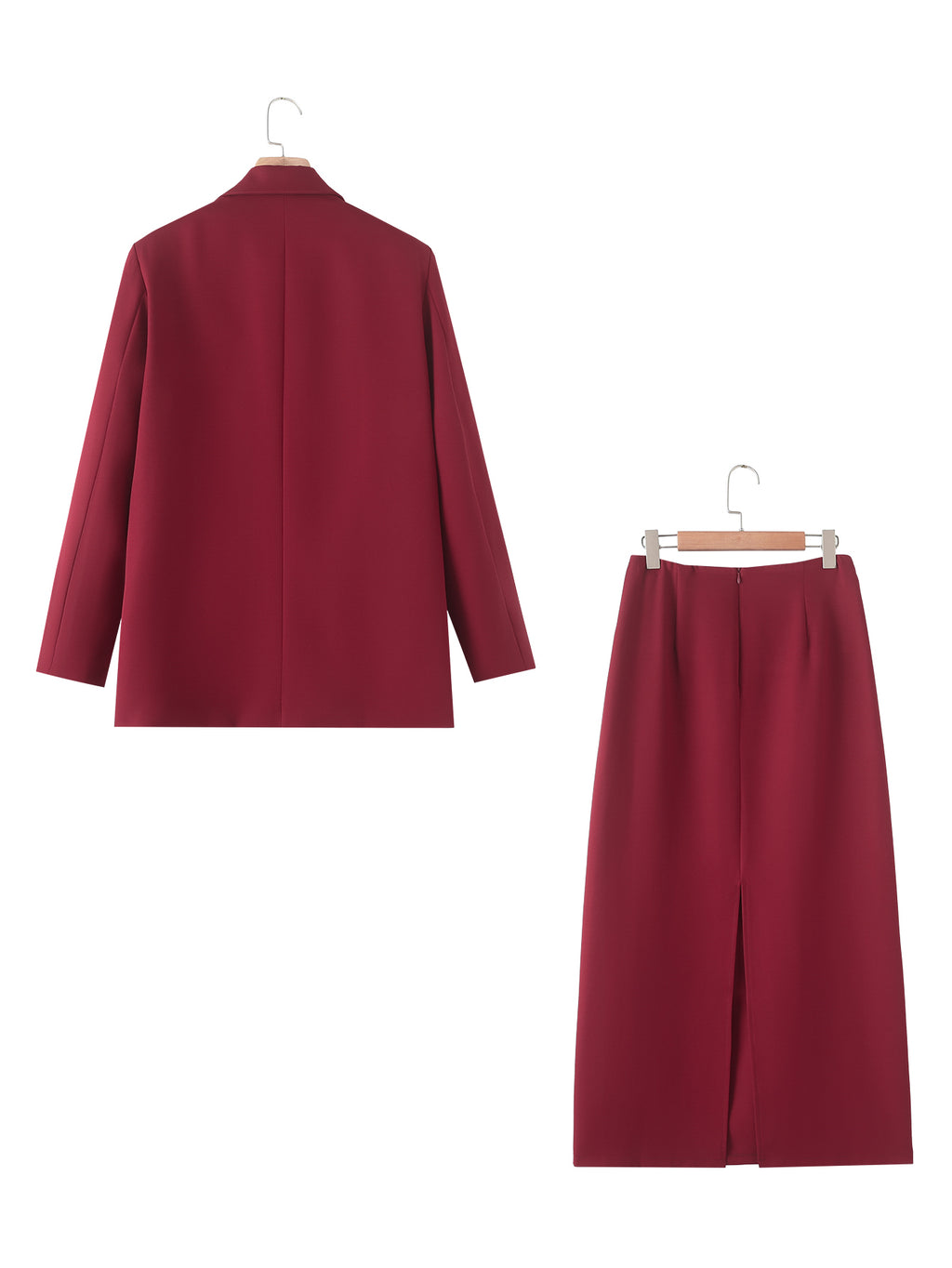 Women's Fall Red Mid Length Blazer and Skirt Two-Piece Set
