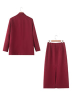 Women's Fall Red Mid Length Blazer and Skirt Two-Piece Set