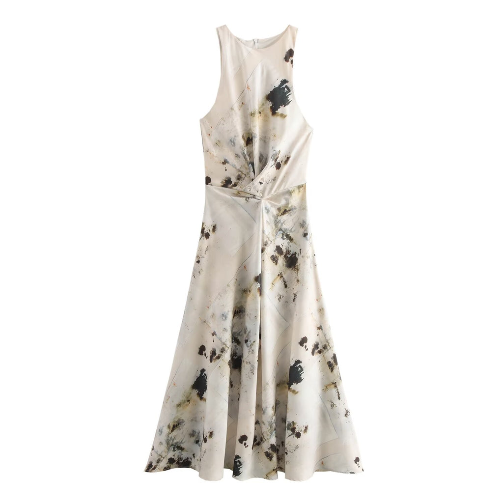 's Autumn French Pleated Print Sleeveless Dress