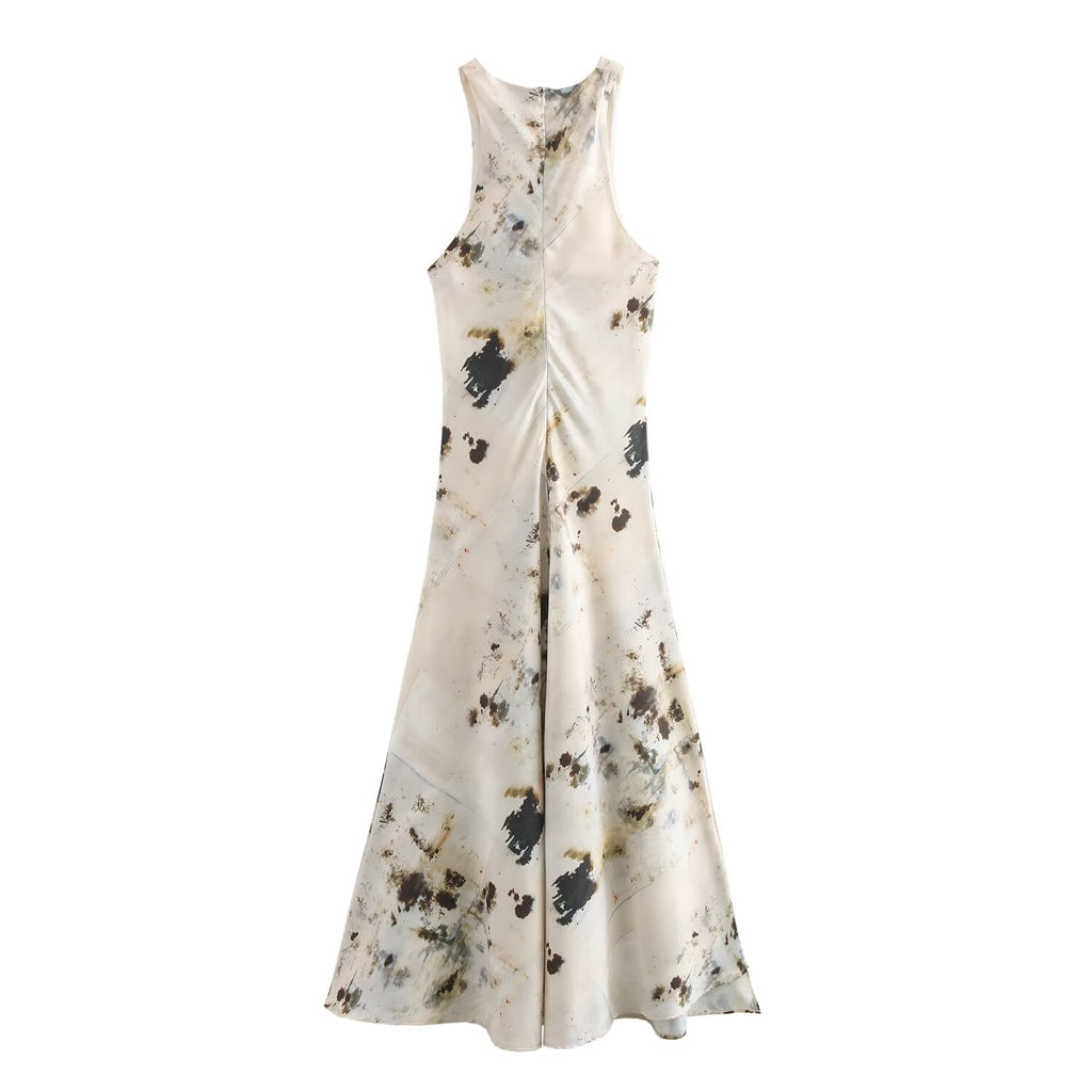 's Autumn French Pleated Print Sleeveless Dress
