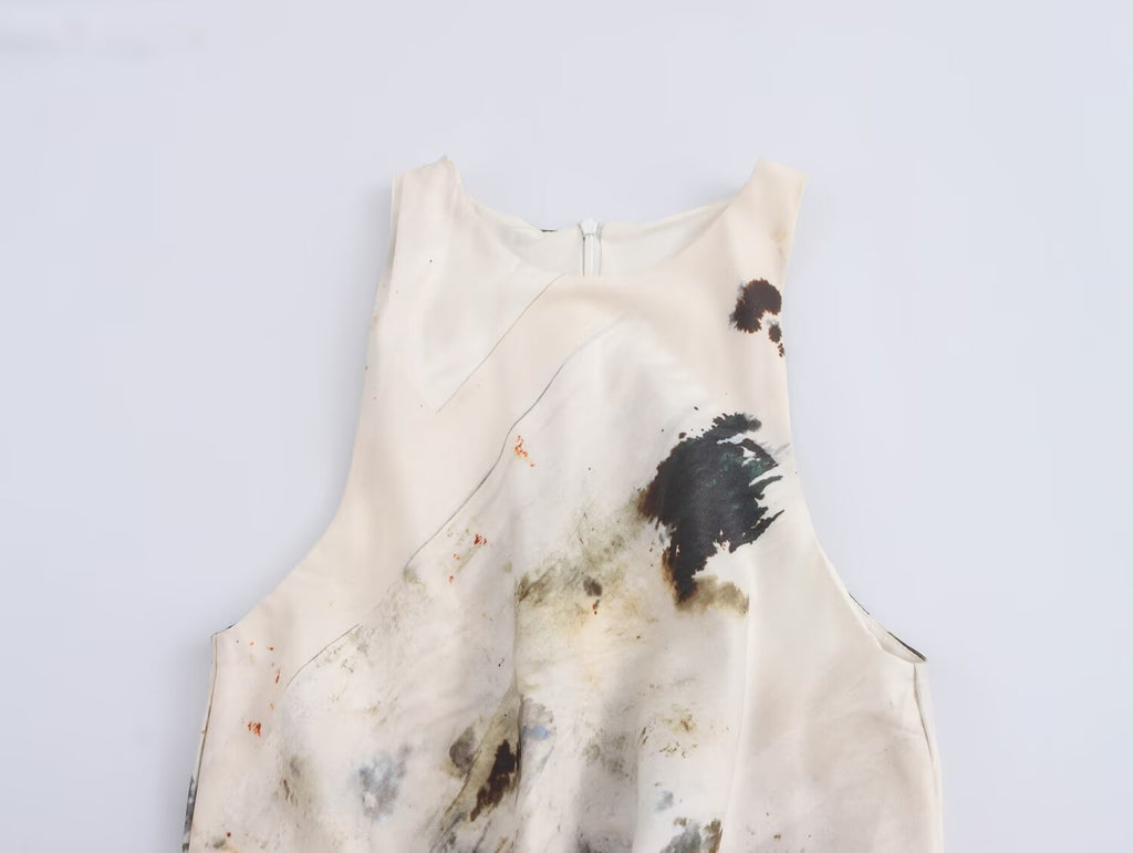 's Autumn French Pleated Print Sleeveless Dress