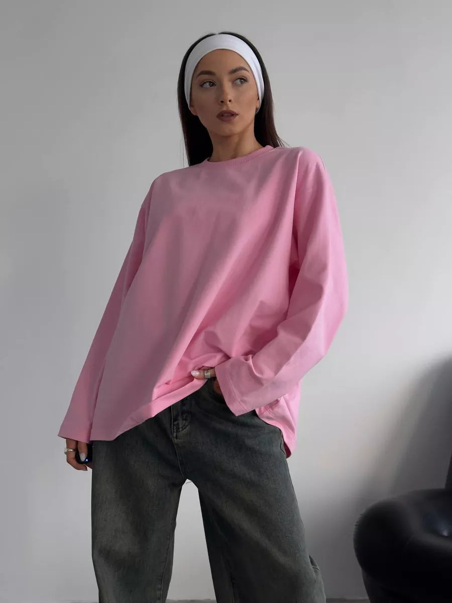 Women's Solid Color Long-Sleeved T-Shirt Loose Fitting Round Neck
